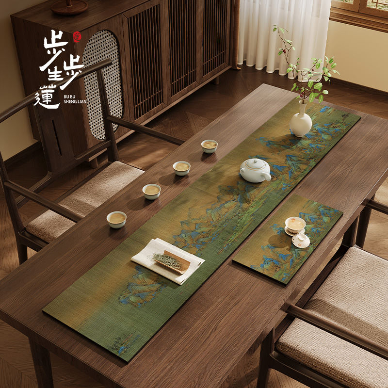 新中式硅藻泥茶席复古桌旗茶垫茶桌垫布茶台垫千里江山图吸水杯垫