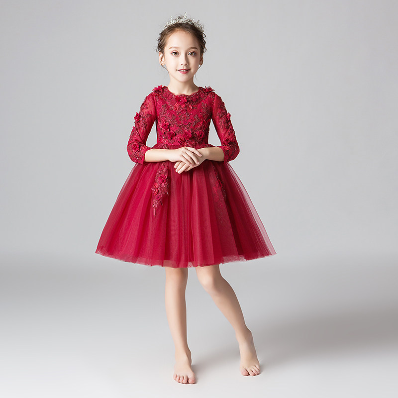 花童礼服红色公主裙女童生日长袖婚礼儿童婚纱小主持人钢琴演出服