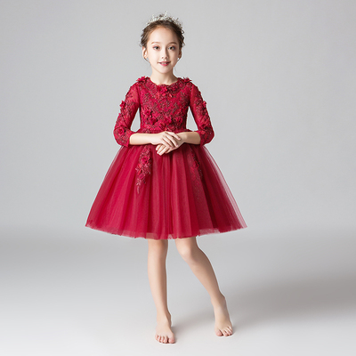 花童礼服红色公主裙女童生日长袖婚礼儿童婚纱小主持人钢琴演出服