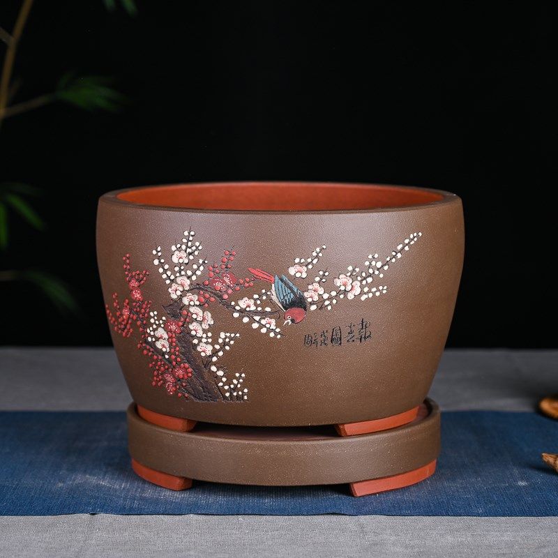 精品圆盆多肉花盆陶瓷创意植物古典粗陶绿植花盆 盆景