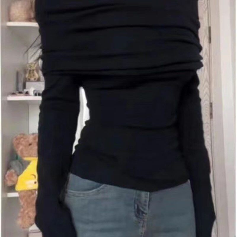 大码胖mm一字领长袖针织衫打底毛衣女秋冬保暖露肩修身内搭上衣潮