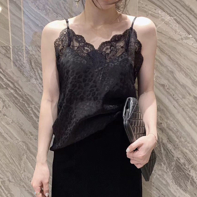 吊带背心女大码宽松外穿V领蕾丝无袖内搭打底衫黑色绸缎遮肚上衣