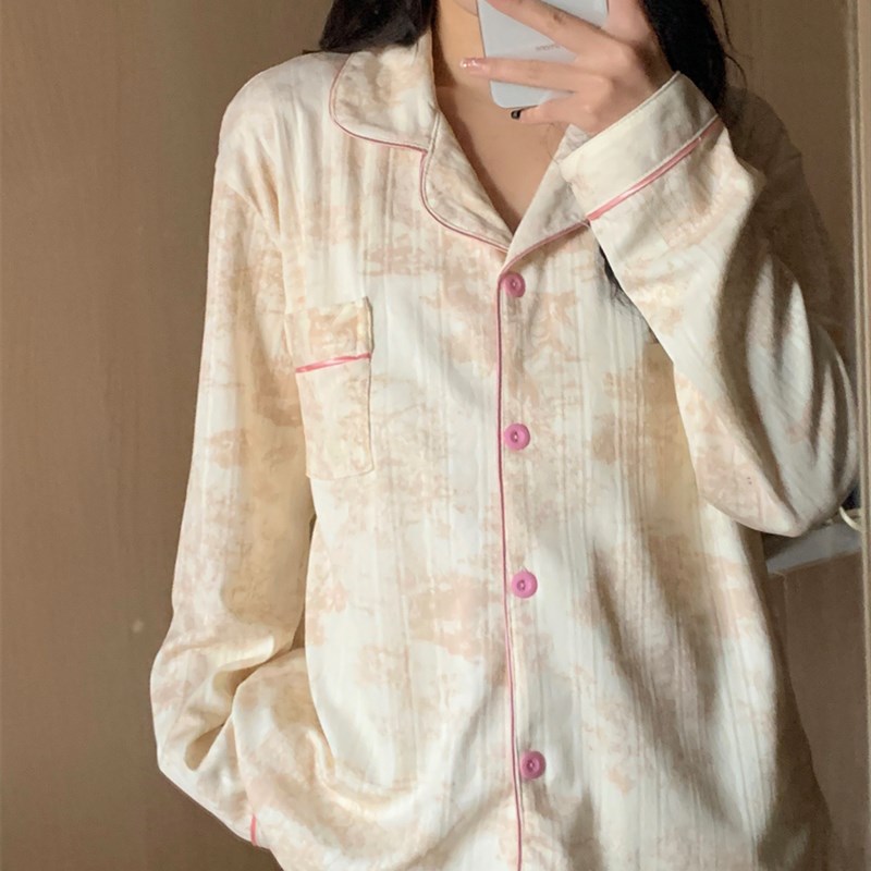 杏色提花法式睡衣女春秋季新款长袖纯棉休闲高级感甜美家居服套装