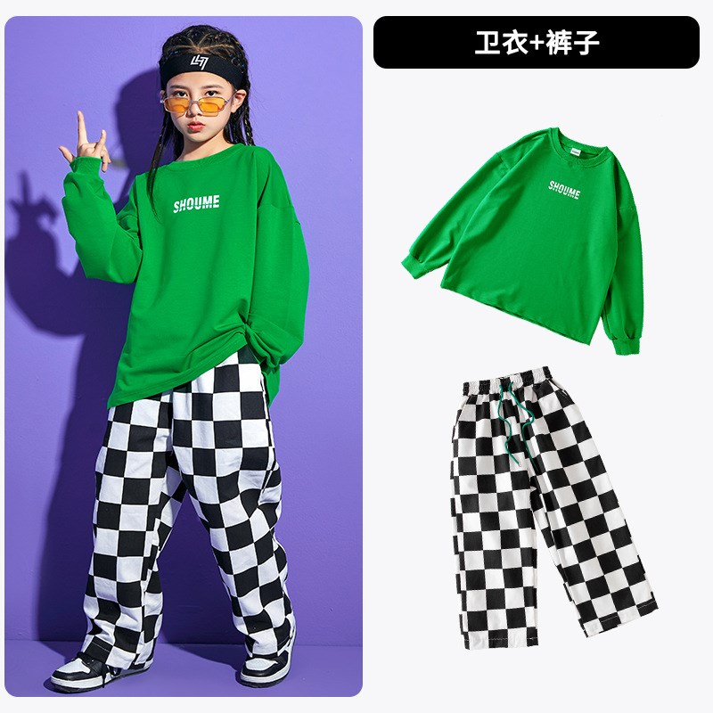 儿童街舞套装男童hiphop潮服装长袖卫衣定制格子黑白裤少儿架子鼓