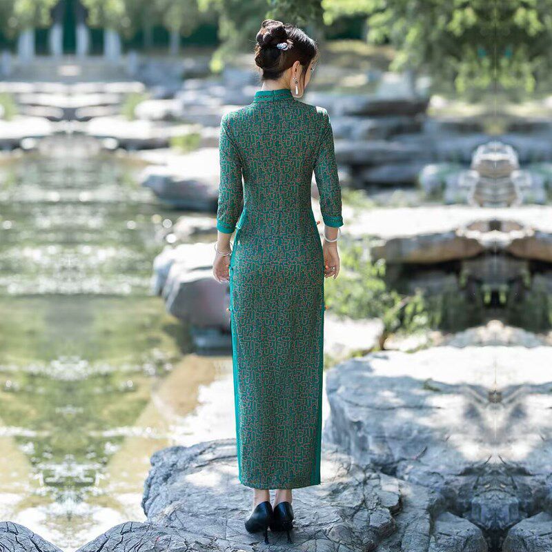 绿格子高端旗袍长袖长款秋冬装妈妈日常女连衣裙洋气质礼服民国风