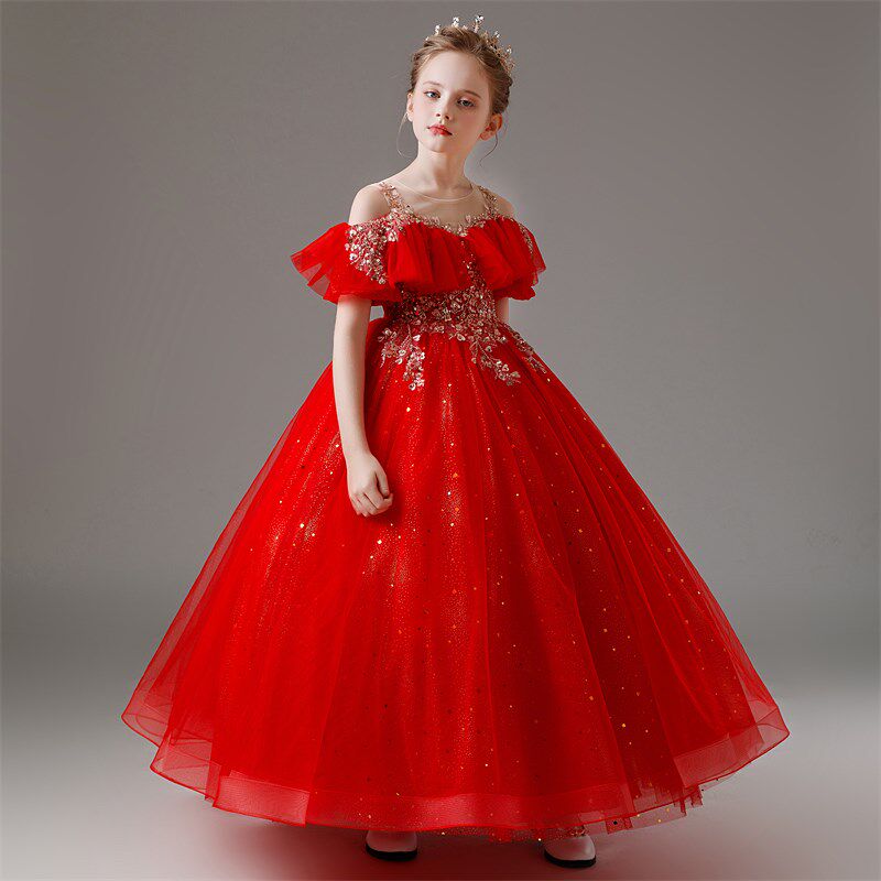 儿童礼服生日红色高端女童主持人公主裙六一儿童节钢琴演出服走秀