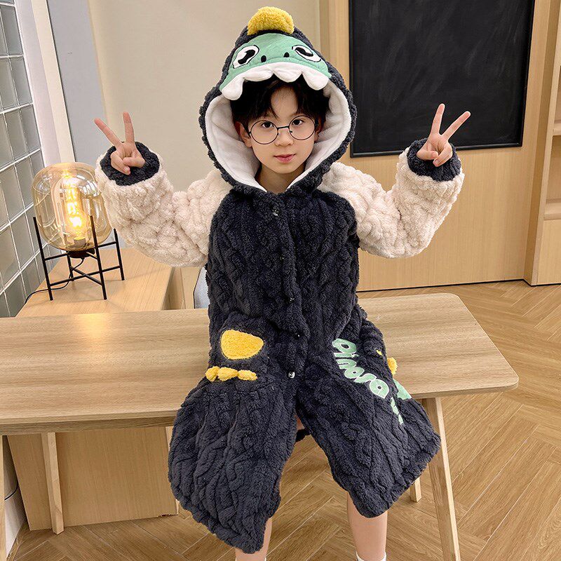 儿童睡袍男童法兰绒冬季三层加厚长款夹棉保暖珊瑚绒儿童卡通浴袍