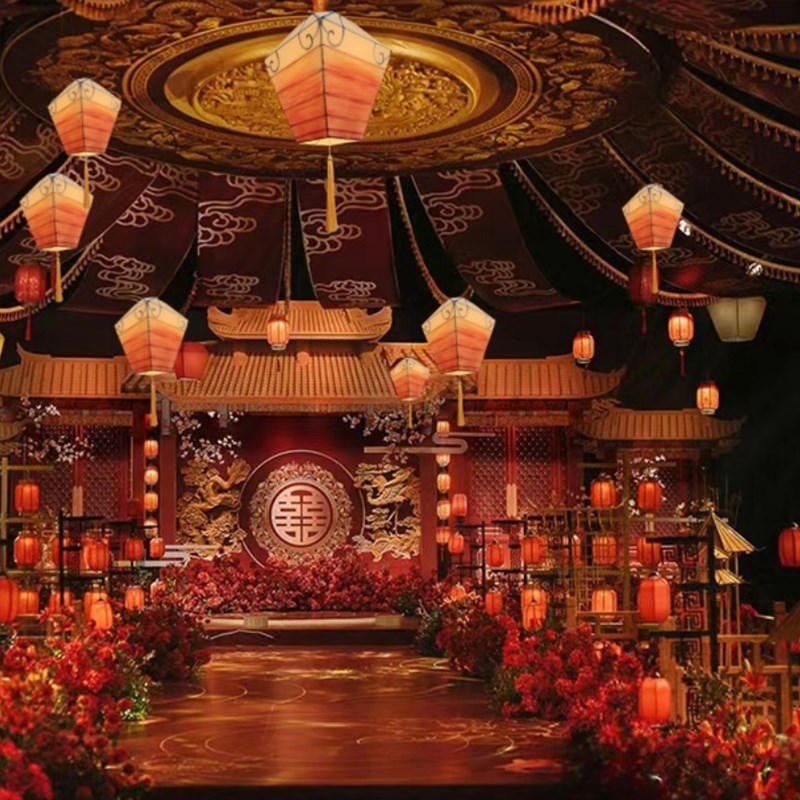 中式古典国潮风婚礼吊灯婚庆主题复古装饰灯布艺孔明灯装置用品