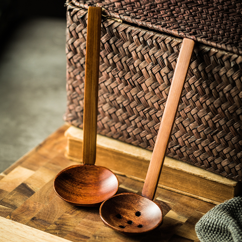 日式木质汤勺拉面碗勺长柄龟甲纹大汤勺火锅漏勺无漆味千拉面勺子