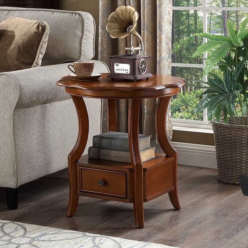 美式乡村实木客厅沙发边几角几简约小茶几圆形床头边柜咖啡小圆桌
