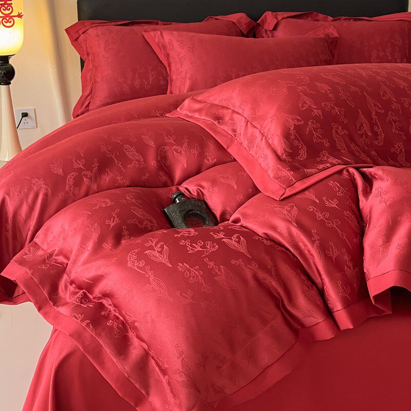 中式提花新婚庆四件套红色喜庆陪嫁新房被套纯棉床单结婚床上用品