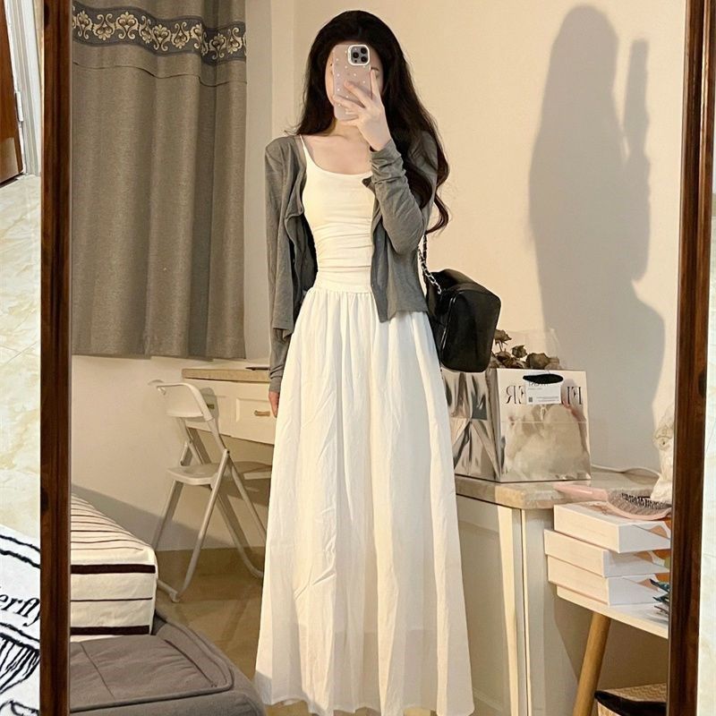 甜美温柔风长袖薄款开衫吊带背心三件套装女春秋高腰半身裙长裙子,女装/女士精品,时尚套装,淘宝优惠券,粉丝福利购,淘宝优惠卷