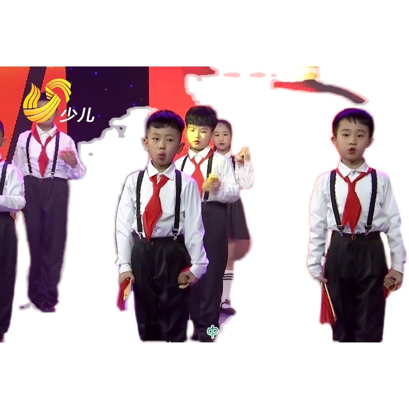 六一男女孩白色长袖衬衫黑色西装背带裤西裤领结儿童演出服合唱服