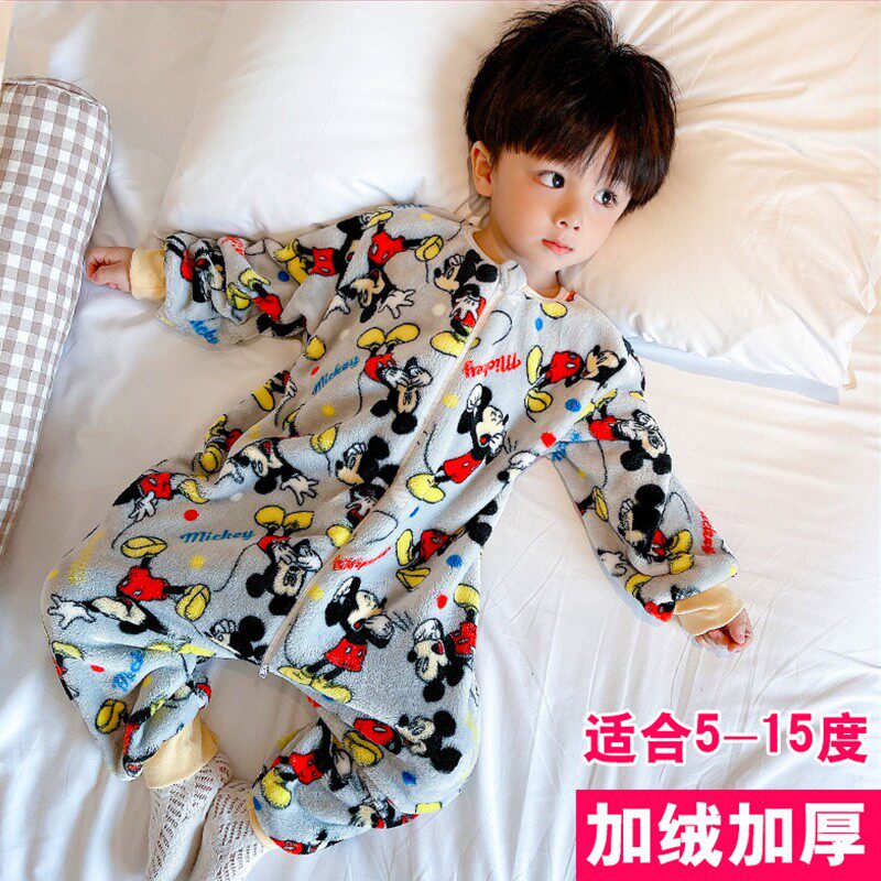 宝宝长袖家居连体睡衣珊瑚法兰绒加厚秋冬季卡通睡袋男女儿童爬服