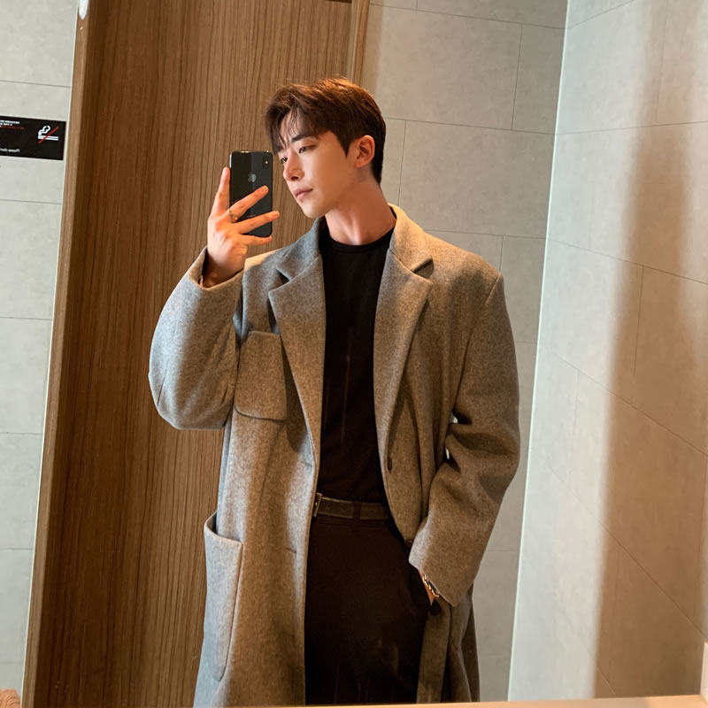 秋冬男款灰色毛呢大衣男中长款过膝宽松落肩呢子风衣外套冬季加厚