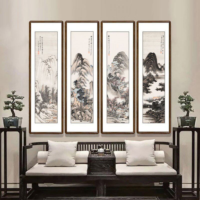山水四条屏国画水墨画中式客厅餐厅装饰画办公室挂画酒店大堂壁画