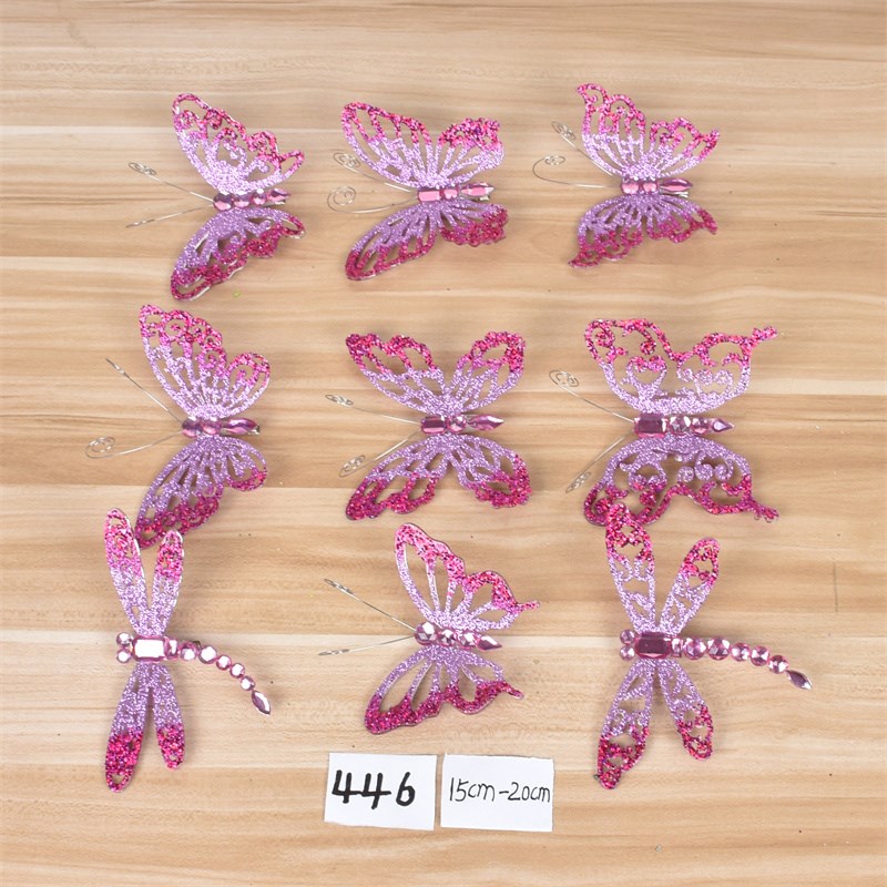 圣诞节装饰品闪粉布艺蝴蝶蜻蜓挂饰商场橱窗场景布置氛围道具多色