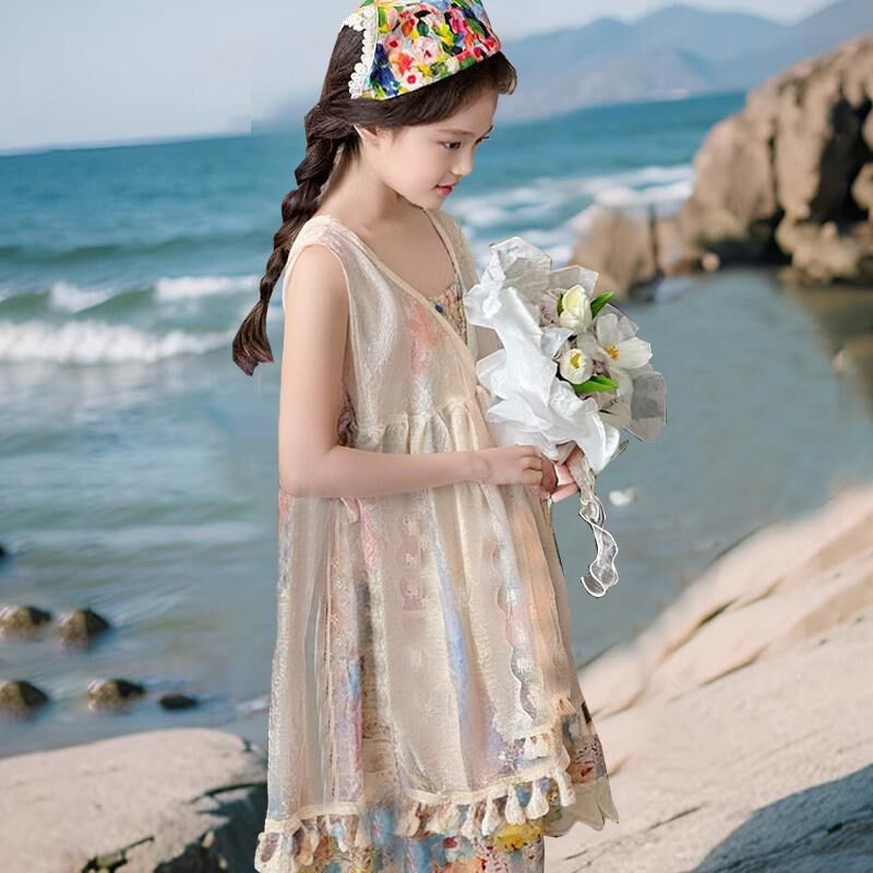 女童吊带背心裙两件套2025新款中大童蕾丝外搭儿童纯棉沙滩碎花裙