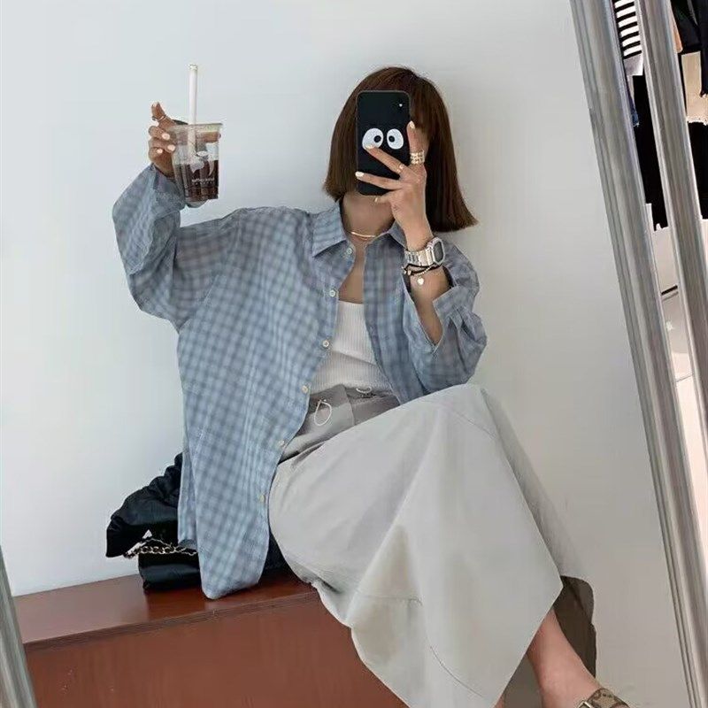 夏季轻薄防晒衣衬衣女百搭宽松灰蓝色格纹高级感中长款长袖衬衫,女装/女士精品,大码套装,淘宝优惠券,粉丝福利购,淘宝优惠卷