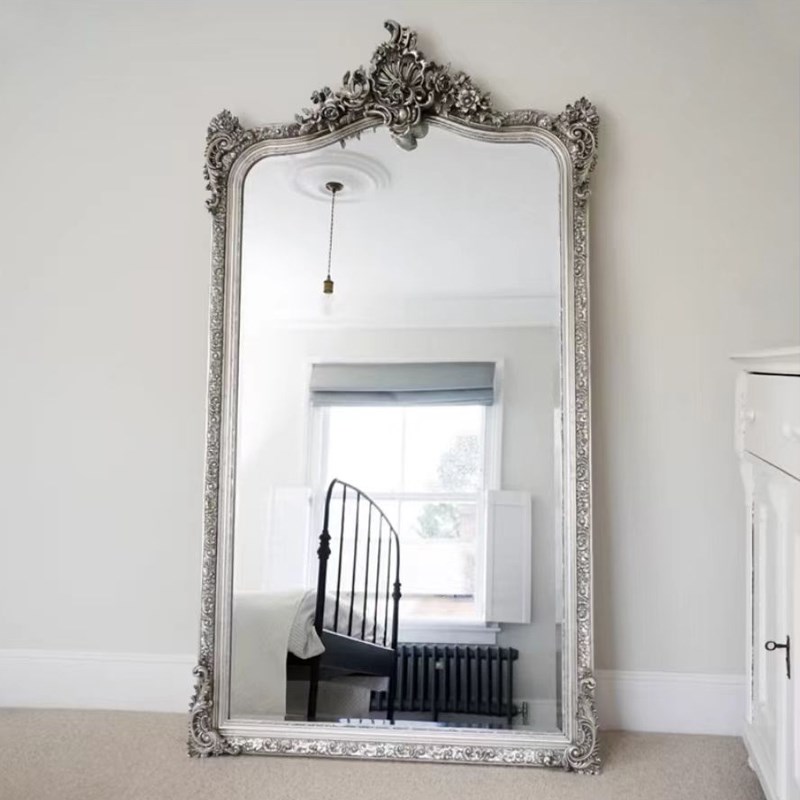 法式复古全身镜实木雕花白色欧式试衣镜卧室服装店落地玄关镜子