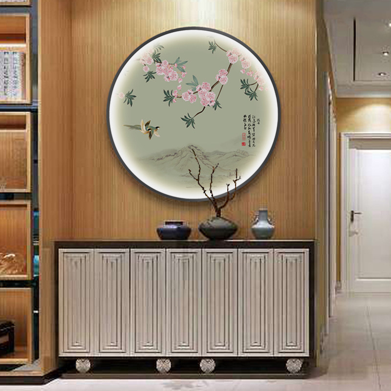 圆形花鸟发光装饰画客厅玄关走廊茶室背景墙画新中式led带灯壁画