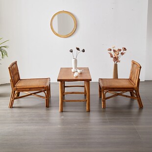 真藤编椅子休闲矮阳台室内客厅复古侘寂风三件套喝茶桌椅组合原木