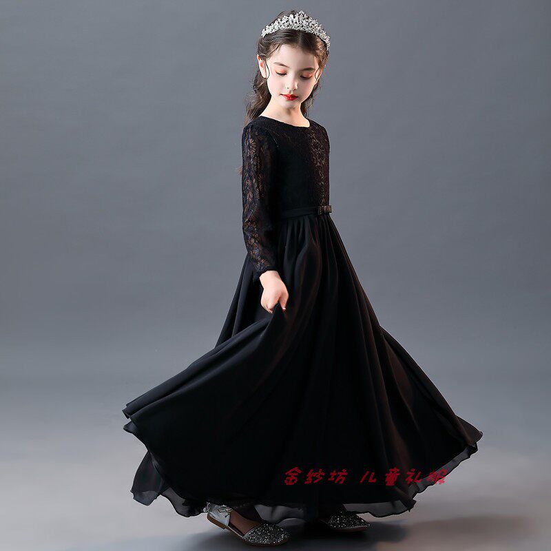 2021秋冬新款长袖儿童女童演出黑色晚礼服钢琴大提琴演奏服公主裙