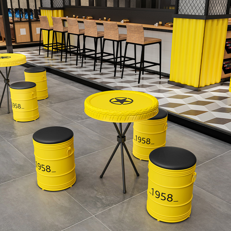 工业风复古奶茶店桌椅铁艺油桶沙发圆凳轮胎创意洽谈卡座茶几组合