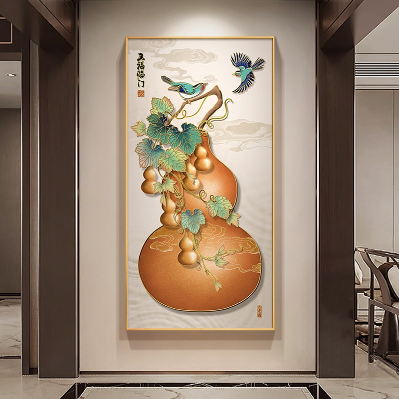 五福临门入户玄关画装饰画新中式高级感走廊带灯挂画福禄平安壁画