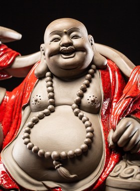 紫砂大号弥勒佛笑佛佛像中式客厅玄关禅意摆设办公室桌面招财摆件