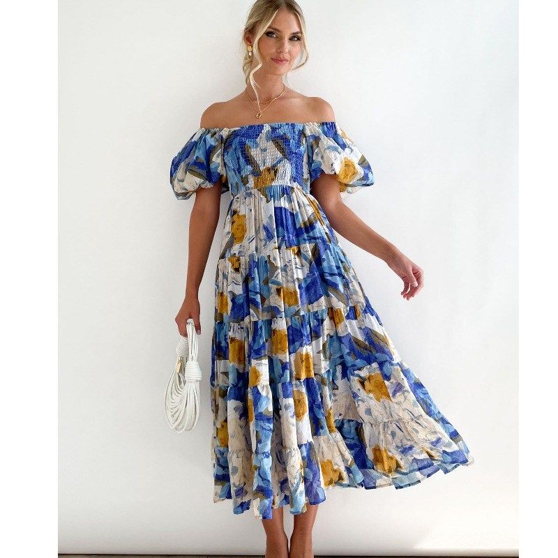 法式复古宫庭方领松紧高腰灯笼袖一字领大花两穿法短袖中长连衣裙