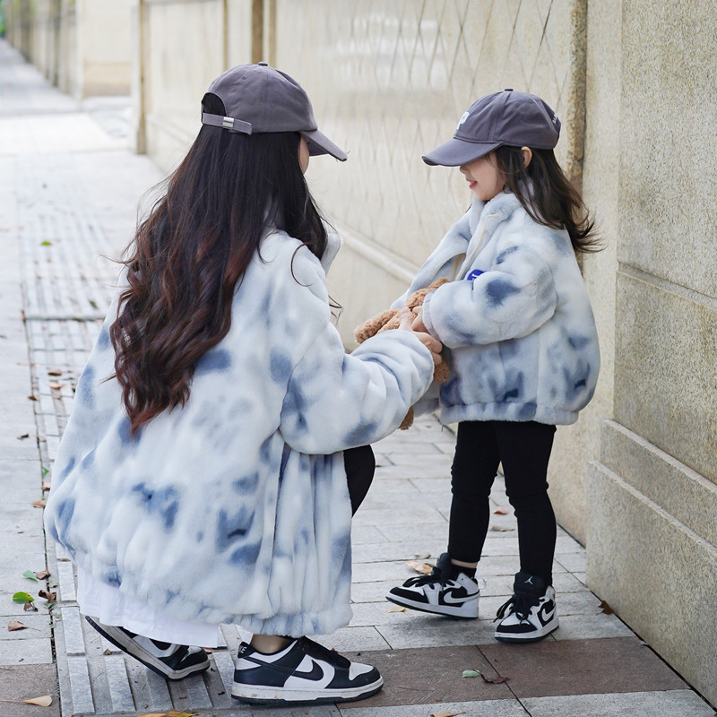 亲子装冬装男女童兔毛仿皮草外套母子宝宝加绒毛毛棉服母女装棉衣