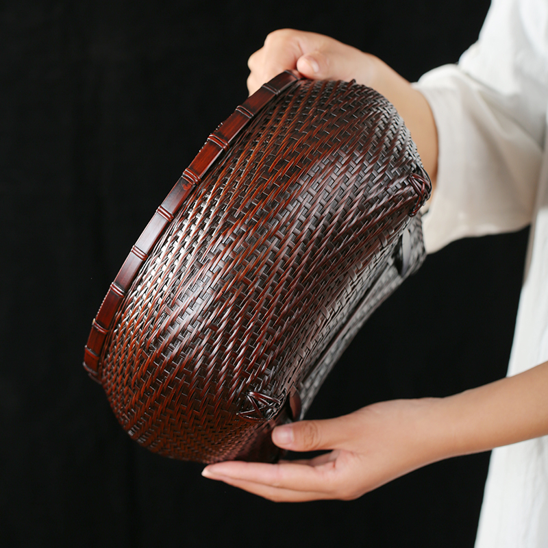 禅意煮茶大漆竹编碳篓炭钵竹碳斗灰篓煮茶橄榄娄炭笼茶道配件收纳