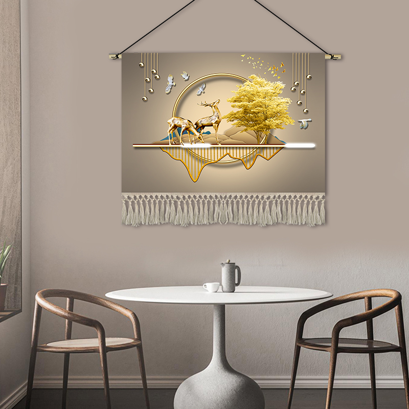 灯光麋鹿挂画布艺餐厅床头装饰画背景墙挂毯画玄关横版挂布定制画图片