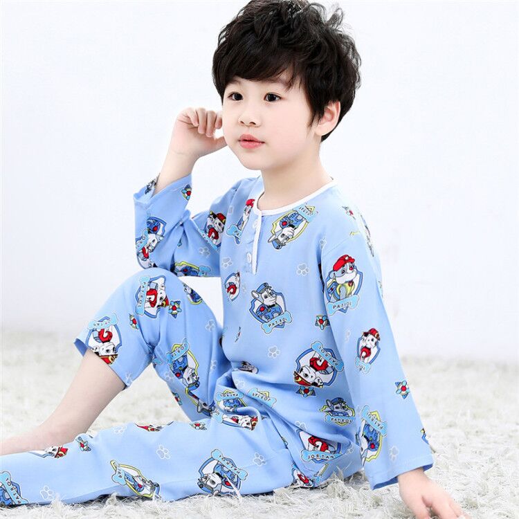 夏季棉绸儿童睡衣男孩男童长袖薄款女童孩宝宝绵绸夏天套装家居服