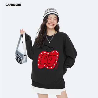 capricorn 美式趣味苹果提花卫衣女2025秋款圆领套头宽松上衣外套