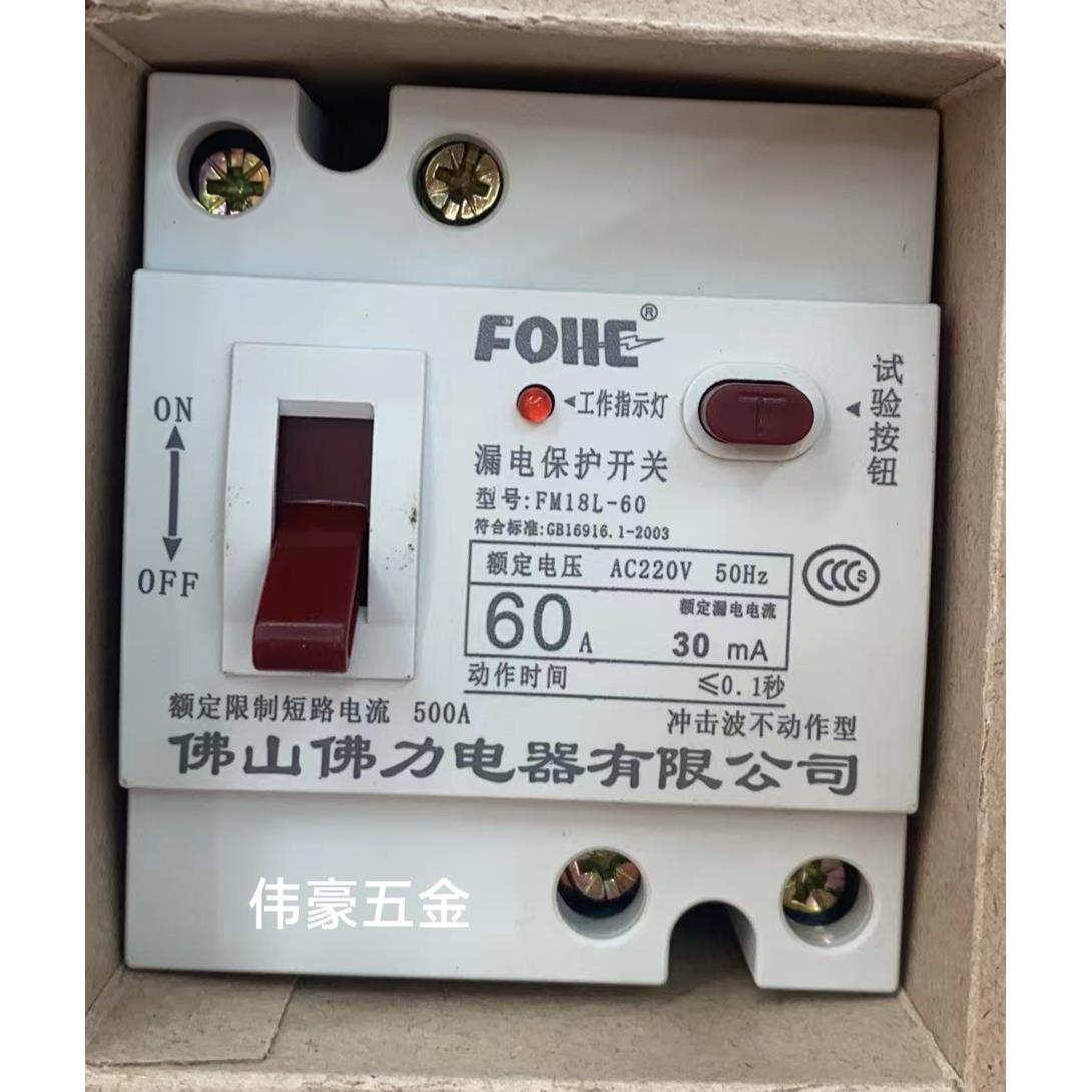 佛山佛力家用两项总开关漏电保护器断路器FM18L-60 32A 40A FM18L