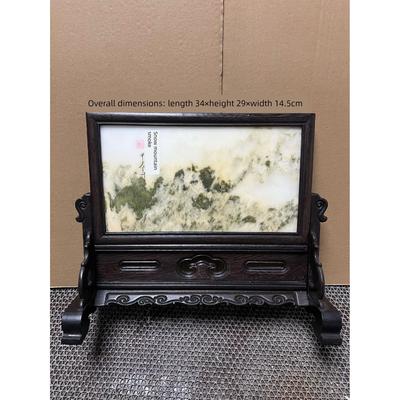 红木插屏鸡翅木云南天然大理石山水画水墨画砚屏摆件石屏风石台屏