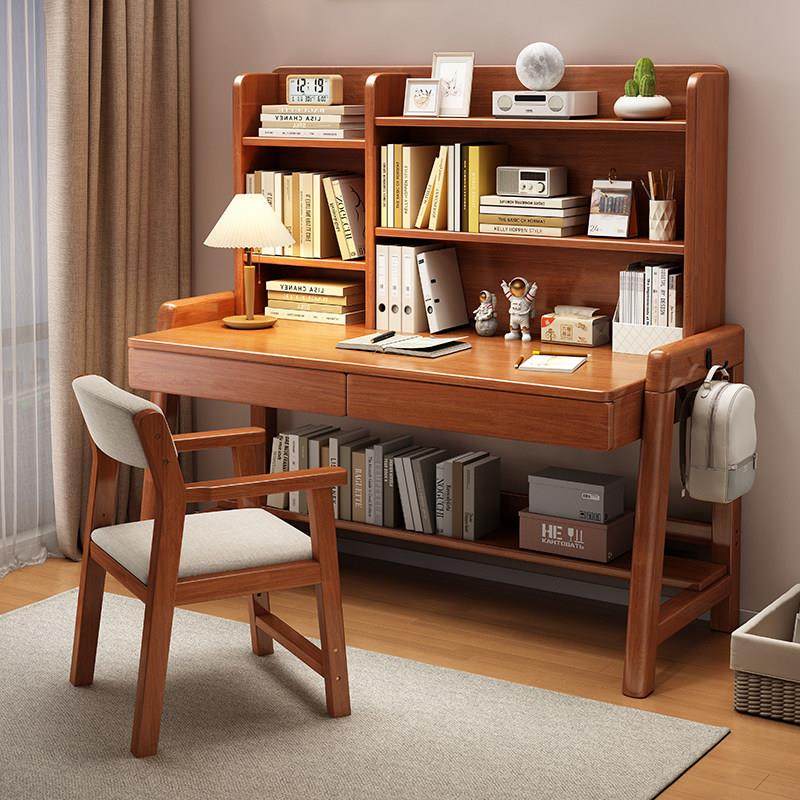 实木儿童学习桌中小学生书桌带书架小孩子家用书桌可升降课桌椅