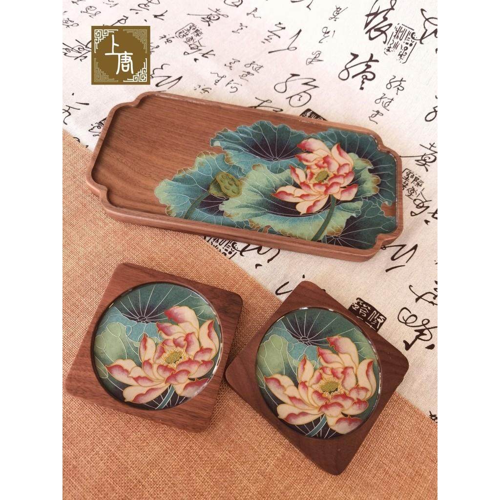 新品 荷花北美胡桃木茶盘杯垫掐丝珐琅DIY釉料材料包LY231024,特色手工艺,景泰蓝,淘宝优惠券,粉丝福利购,淘宝优惠卷