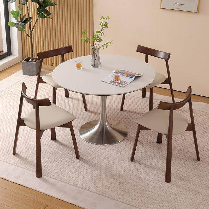 北欧岩板圆形餐桌家用小户型郁金香不锈钢简约中古风饭厅圆桌饭桌