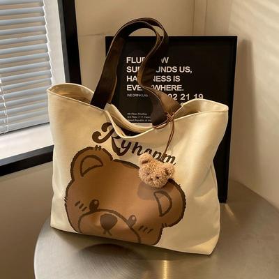 休闲大容量包包女夏新款卡通小熊帆布包上课通勤单肩托特包lf