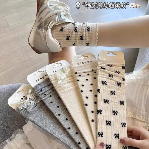 夏季薄款灰色袜子蝴蝶结中筒波点