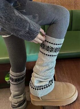 韩系费尔岛女款袜子秋冬堆堆袜套粗线针织雪花显瘦保暖灰色小腿c