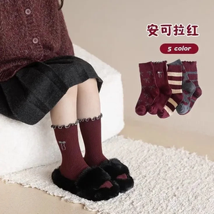 秋冬高颜值红女童袜子甜美女童花边女孩宝宝堆堆袜儿童潮袜中筒S