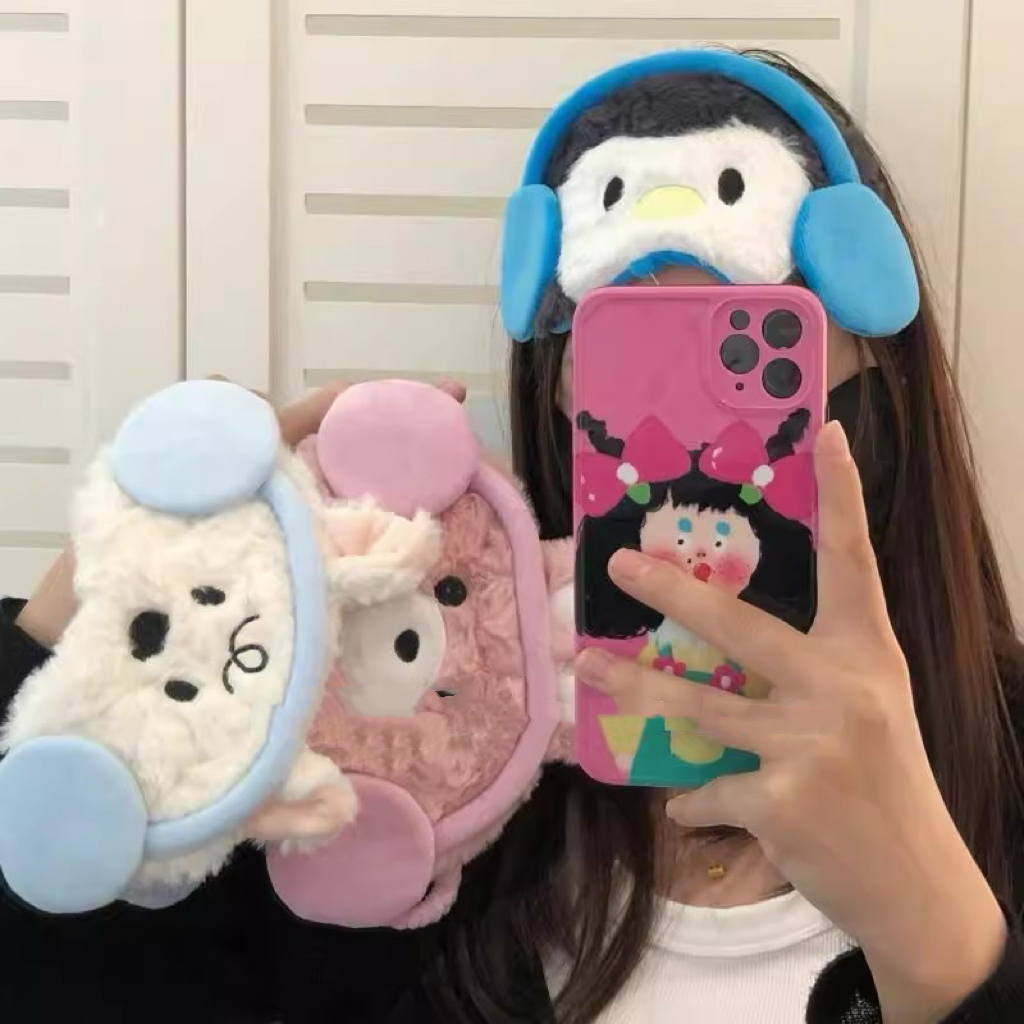 可爱卡通戴耳机小动物眼罩毛绒遮光冰敷眼罩缓解疲劳助眠眼罩c