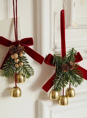圣诞铃铛挂件红色丝绒蝴蝶结圣诞树松果场景布置用品车挂门装饰J