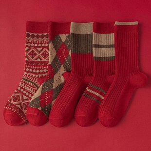 袜子本命年酒红色秋冬季保暖中筒袜结婚堆堆红袜子新年长袜T