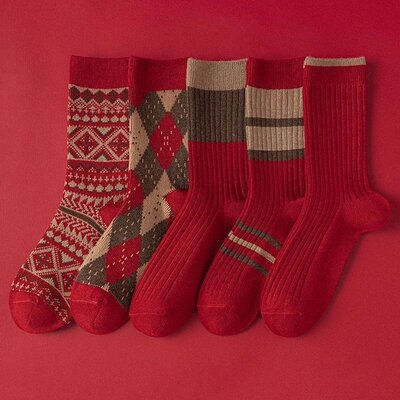 袜子本命年酒红色秋冬季保暖中筒袜结婚堆堆红袜子新年长袜T