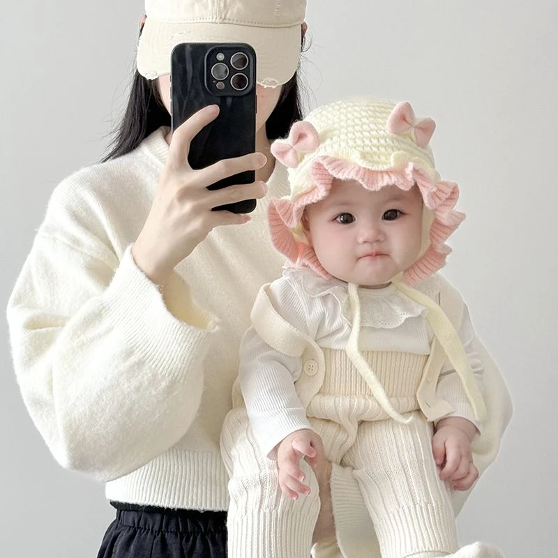 婴儿帽子秋冬季甜美蝴蝶结护耳针织公主帽女宝宝保暖防风毛线帽Q
